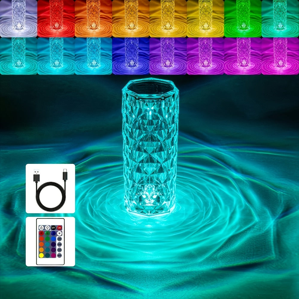 Table Lamp with Diamond-Cut Acrylic Shade, 16 RGB Colors, Remote and Touch Controls, Four Modes