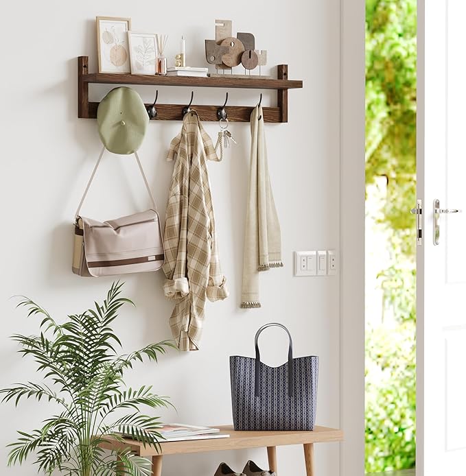 AMBIRD 28.9 Inch Length Shelf with Hooks Entryway Coat Rack Wall Mount Wood Coat Hooks with Shelf Wall-Mounted Coat Hook Rack with 5 Dual Hooks for Bathroom, Living Room, Bedroom (Brown)