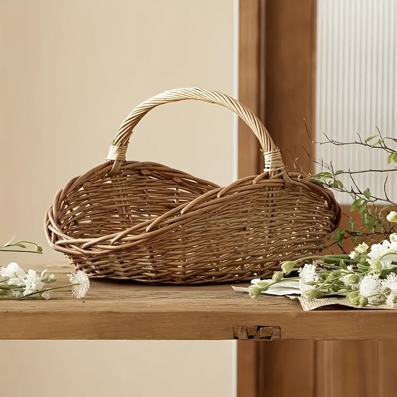 Seagrass Wicker Storage Basket with Handles, Handwoven Oval Farmhouse Organizer in Single-Piece Format